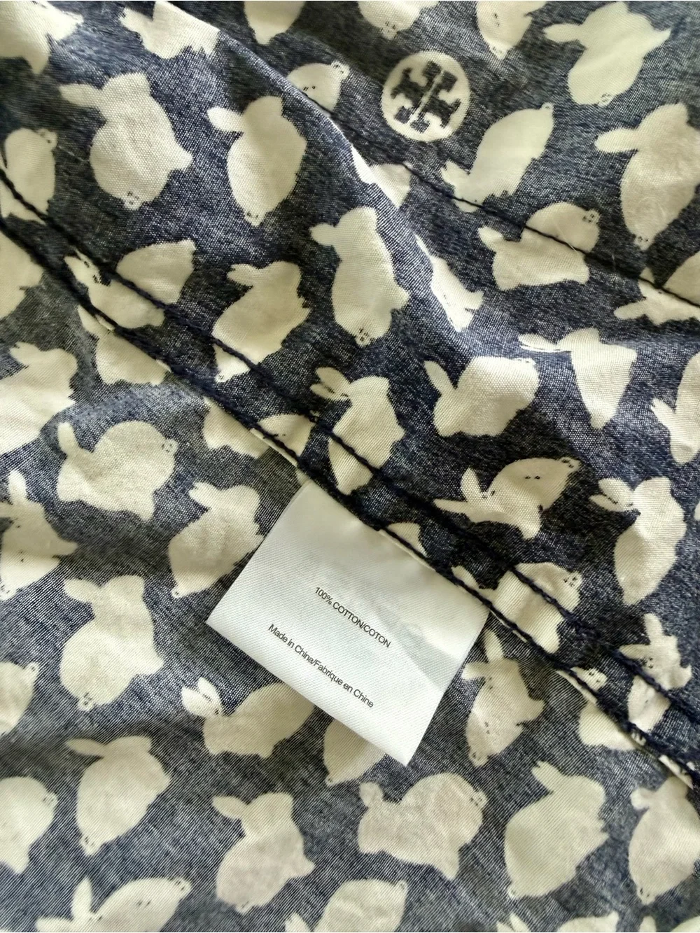 Tory Burch Navy and White Bunny-Print Pajama Set with Pink Piping